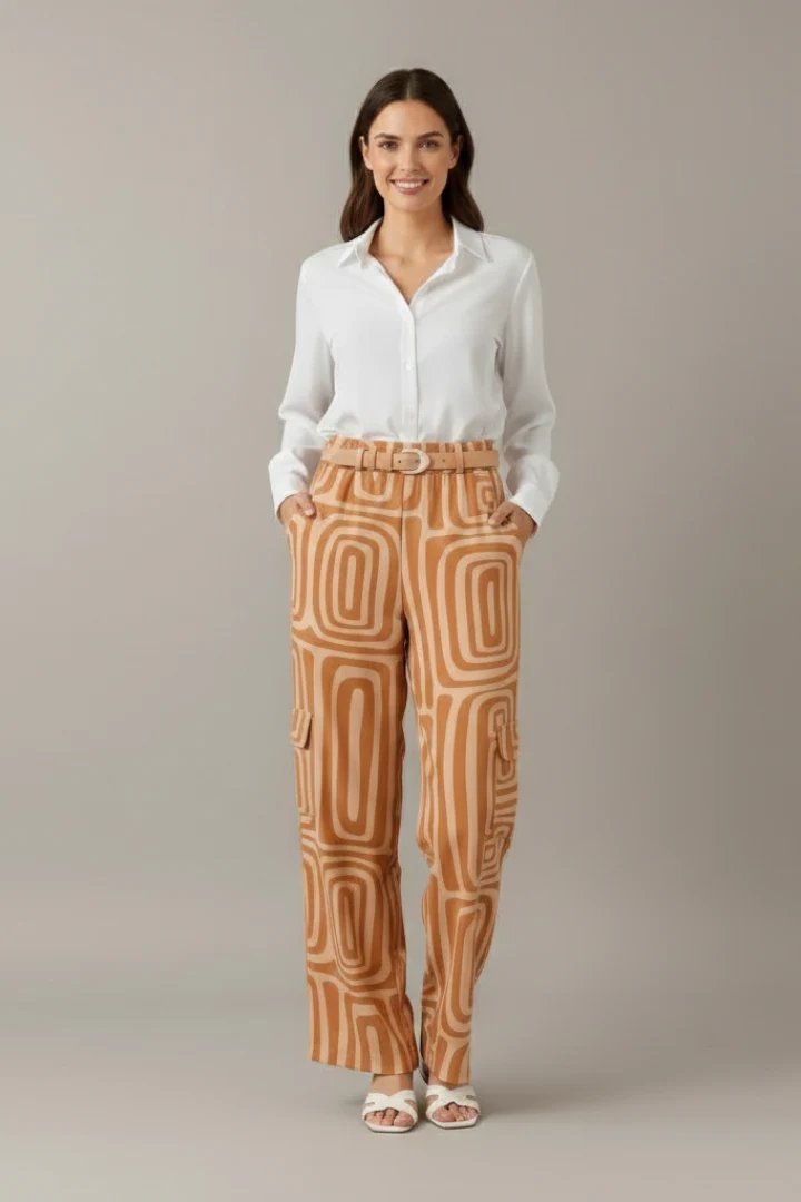Elegant Women's Two Piece Set | Collared Blouse & Printed Trousers for Effortles