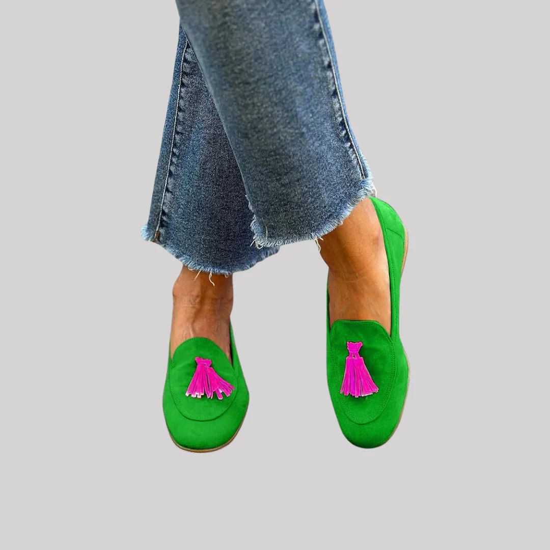 Vibrant Loafers for Women with Fuchsia Tassels | Unique Green Footwear for Bold