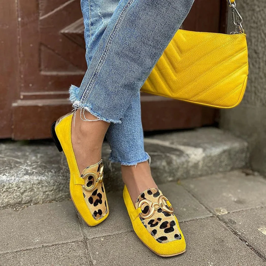 Chic Collection | Women's Loafers with Vibrant Yellow Animal Print