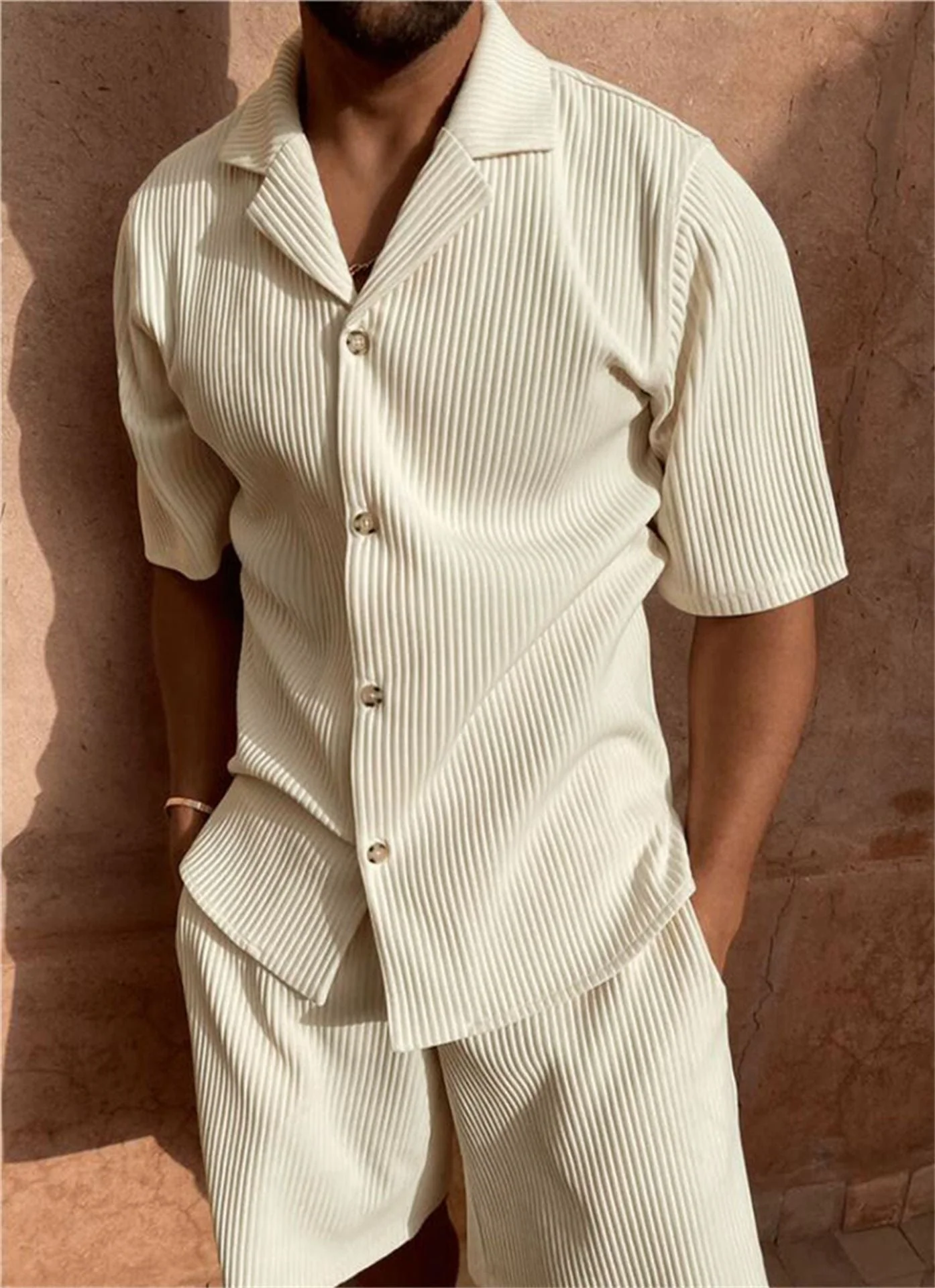 Ethan Collection | Men's Outfit - Ribbed Button-Up Shirt & Shorts Set