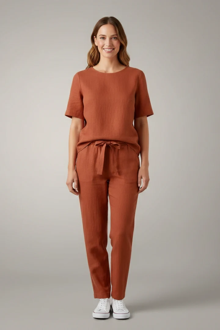 Elegant Women's Two Piece Set | Short Sleeve Top with Tapered Trousers for Effor