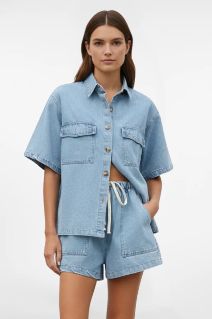 Chic Denim Collection | Women's Denim Two Piece Set with Short-Sleeve Jacket & H