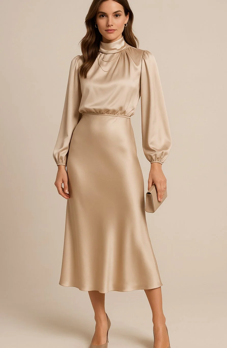 Celestine | Women's Bishop Sleeve Satin Midi Dress