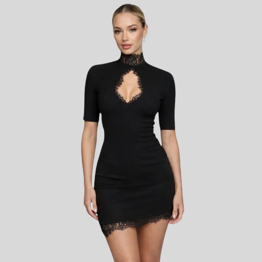 Elegant Lace Trim Bodycon Mini Dress with Keyhole Neckline | Chic Women's Dress