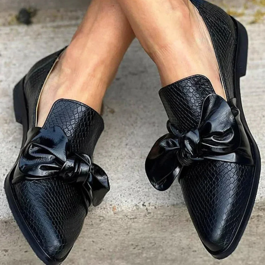 Elegant Black Loafers for Women with Shiny Bow Detail | Stylish Footwear for Any