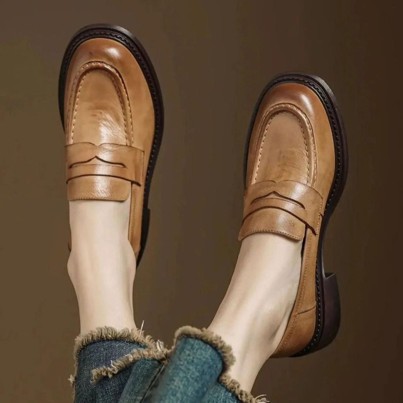 Colette | Women's Light Brown Leather Penny Loafer Flats