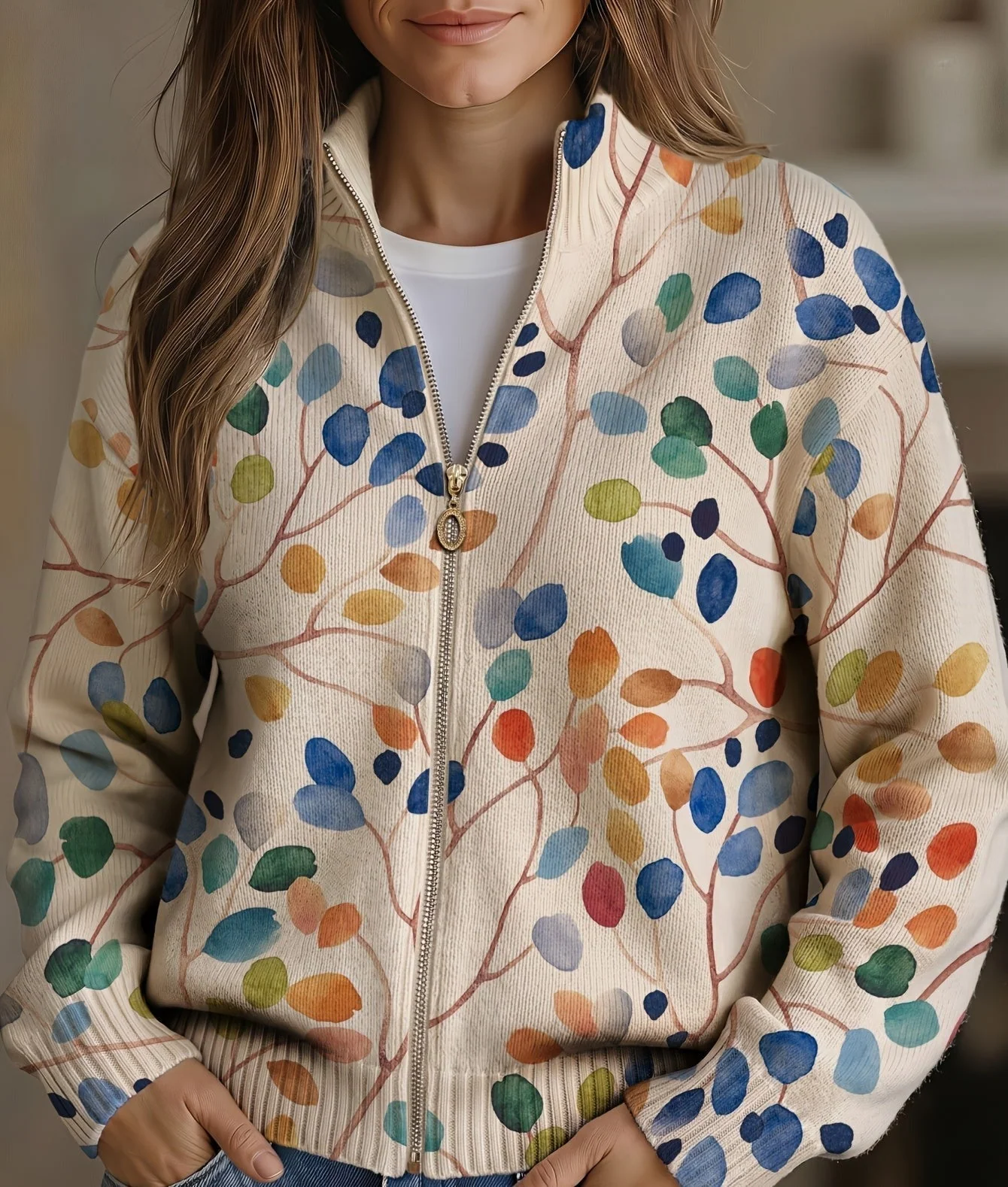 Fenvara | Women's Botanical Print Zip-Up Cardigan