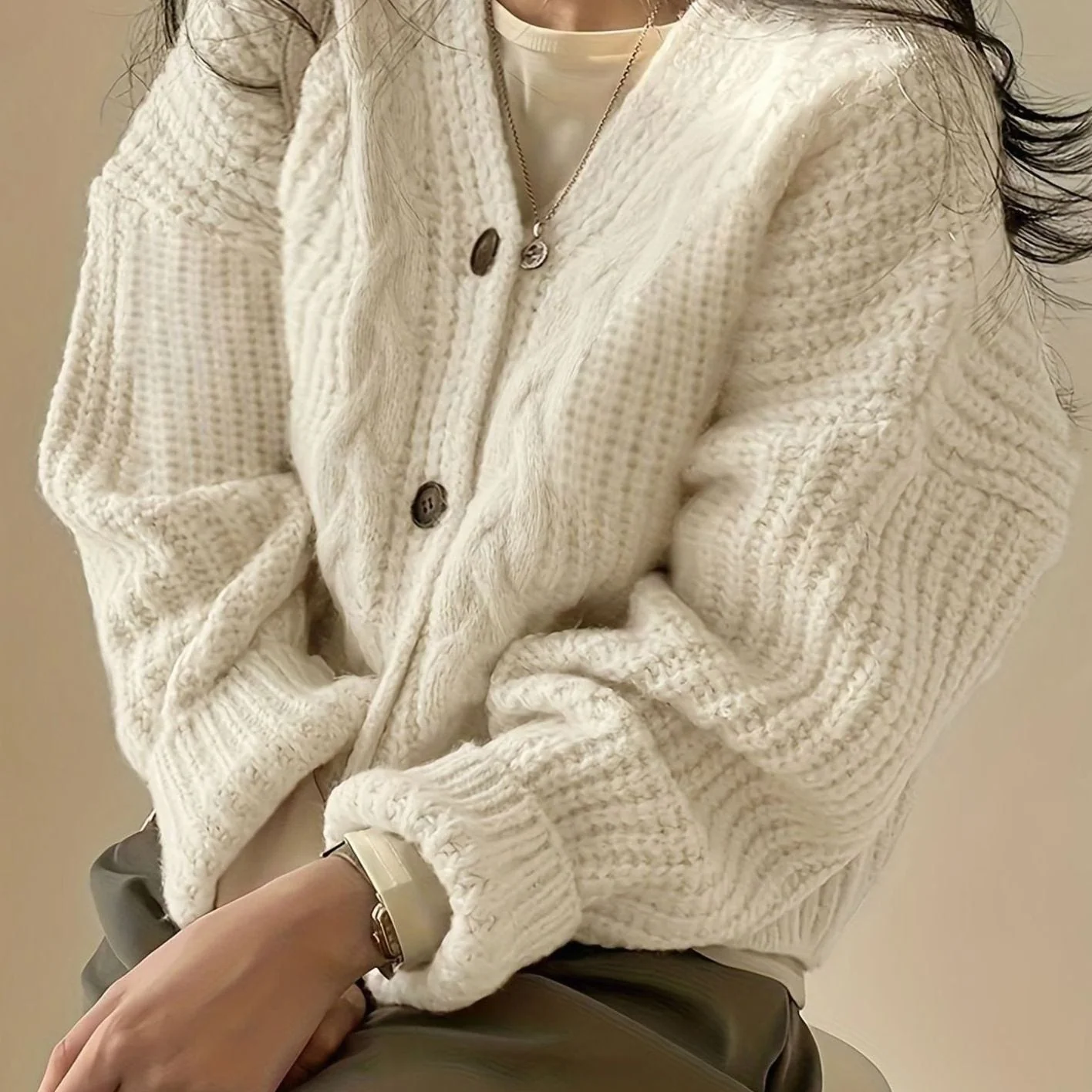 Wrenley | Women's Oversized Cable-Knit Button-Front Cardigan