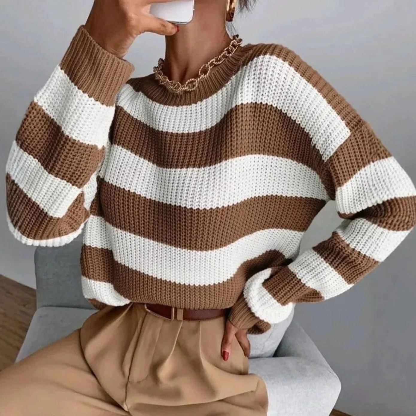 Marvelle | Women's Striped Relaxed Fit Knit Sweater