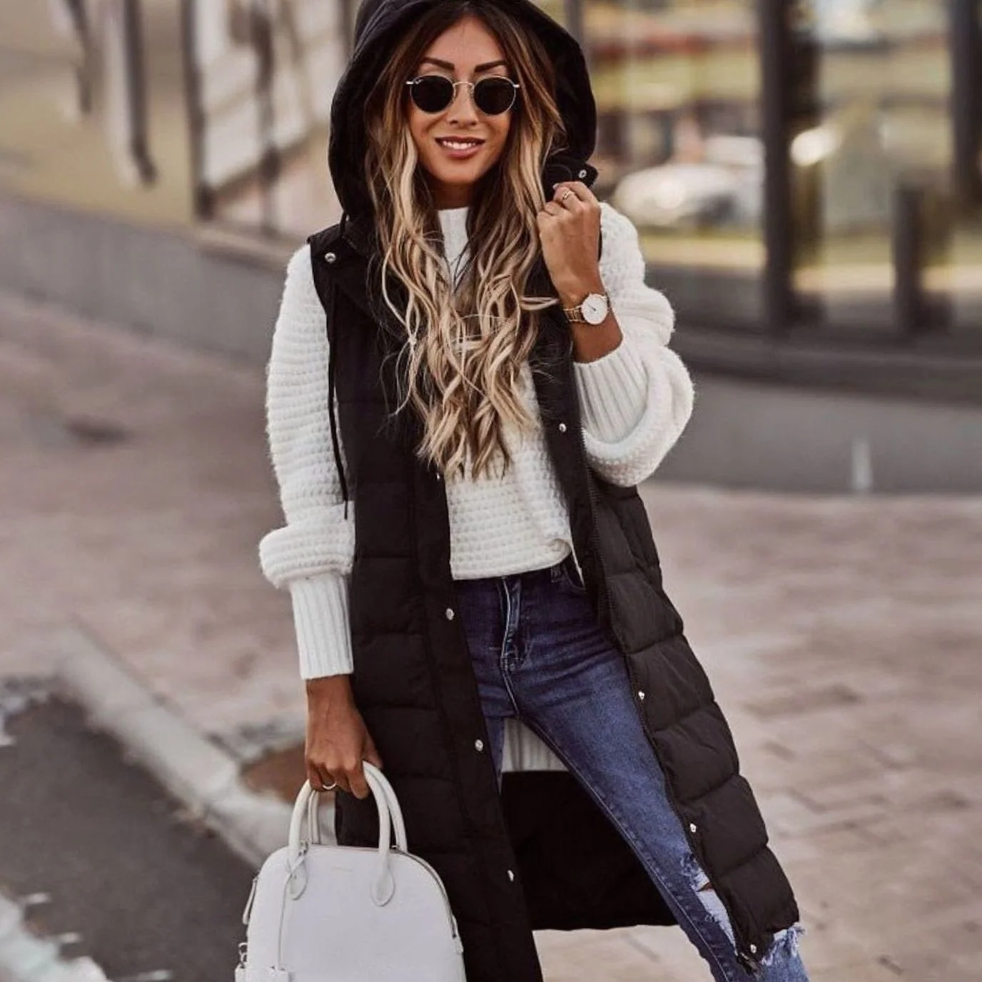 Wyndelle | Women's Longline Hooded Quilted Puffer Vest