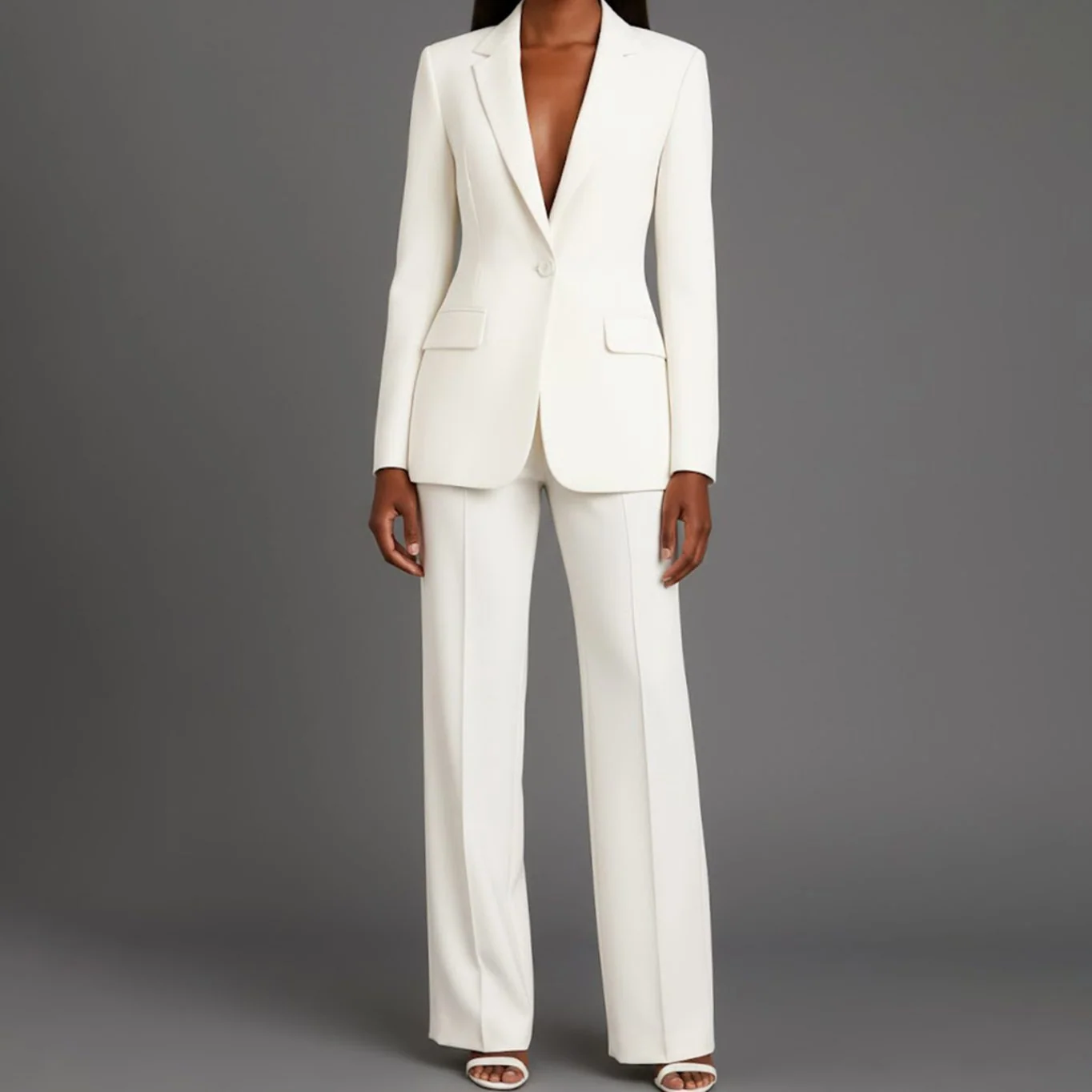 Revenne | Women's Single-Button Wide-Leg Blazer Pants Suit Set
