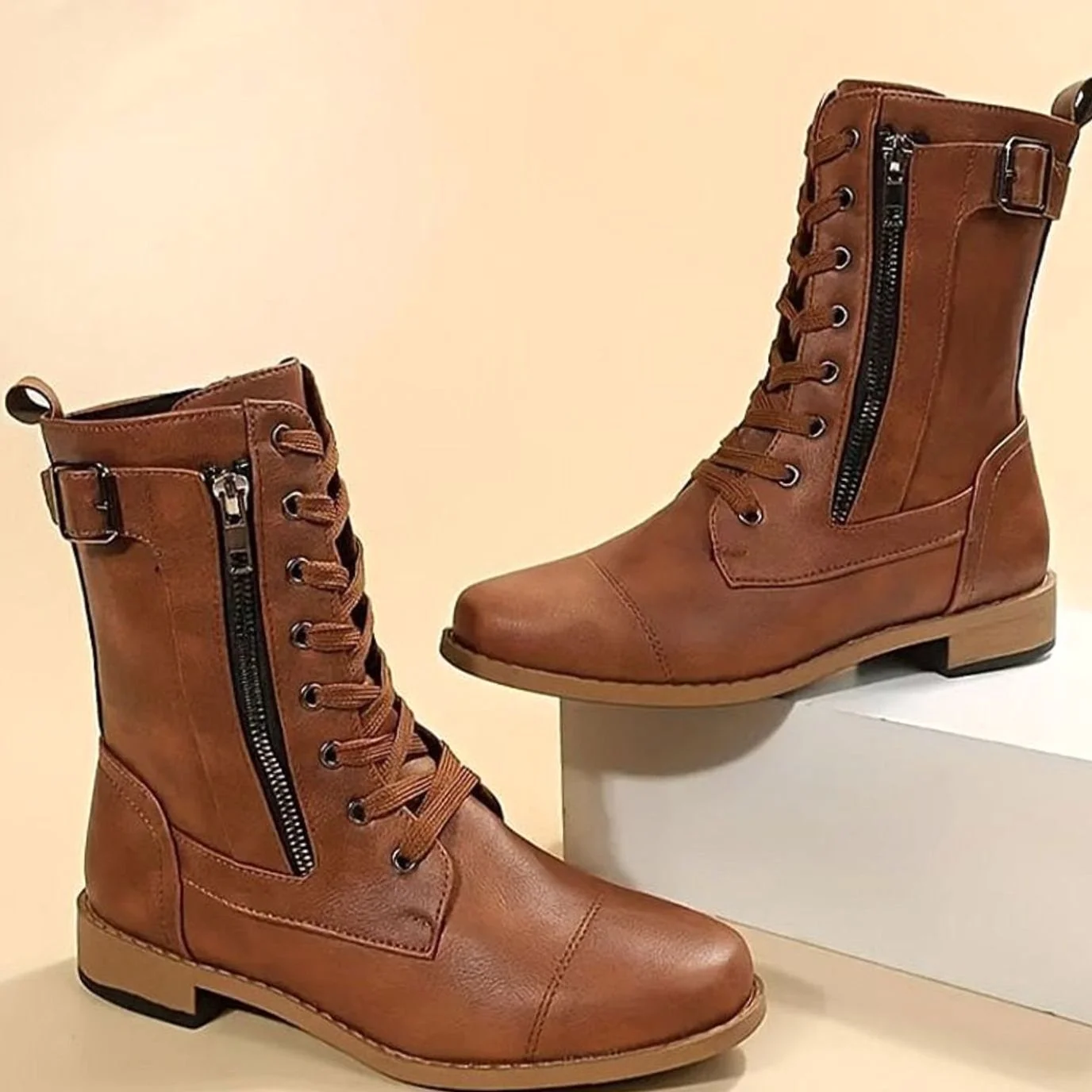 Zelvara | Women's Lace-Up Side-Zip Faux Leather Combat Boots