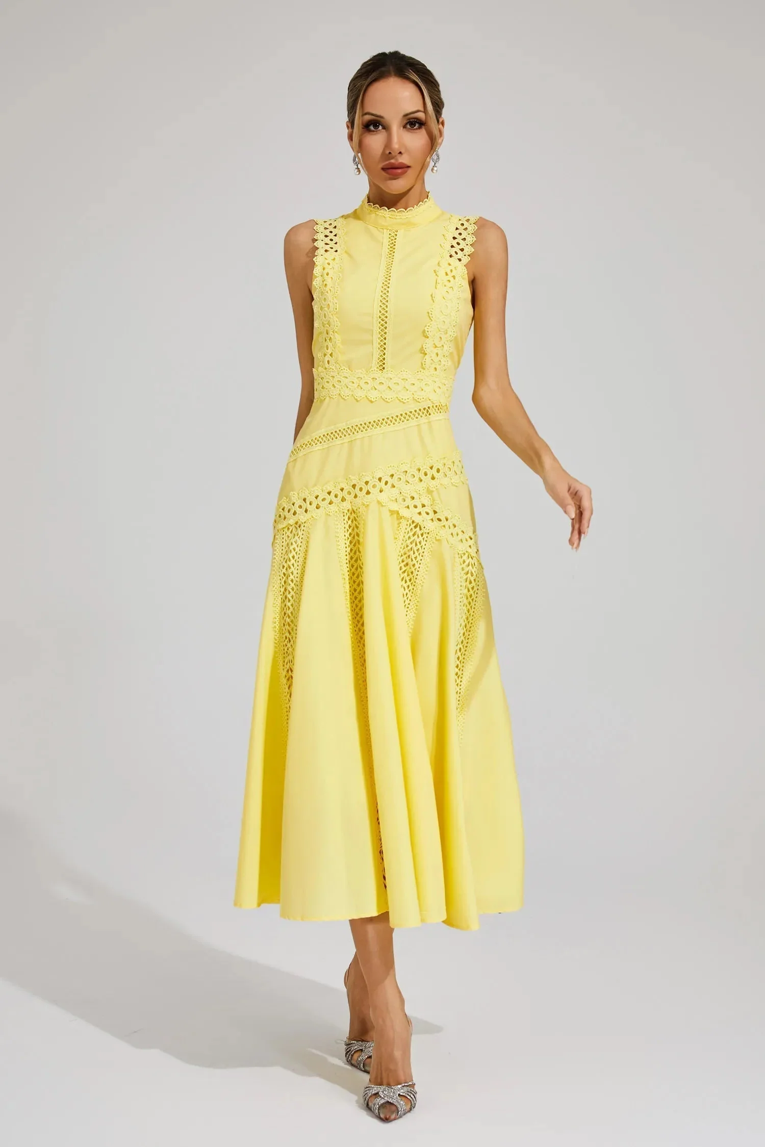 Women's Lace Midi Dress with Sleeveless Design