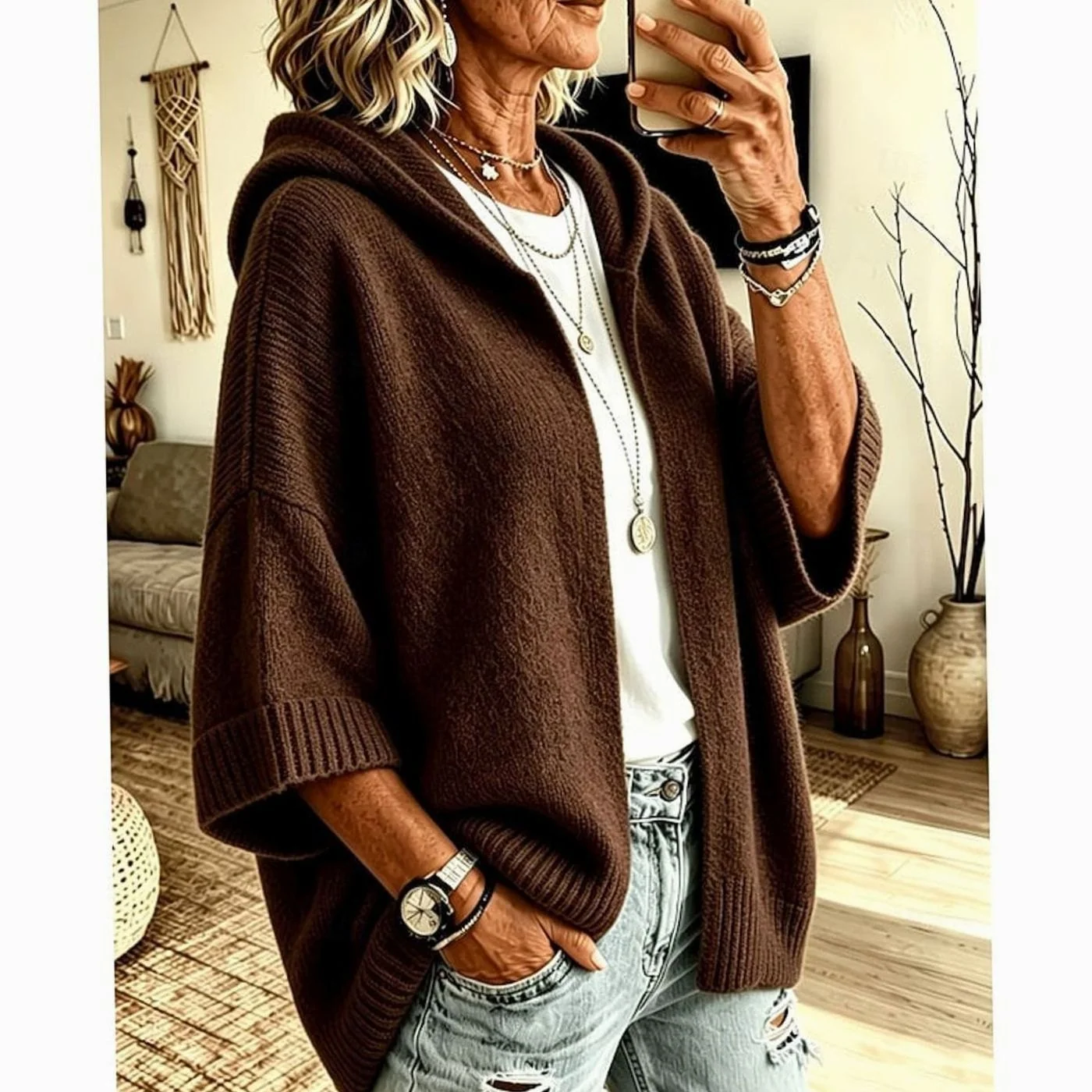 Women's Hooded Open-Front Knit Cardigan