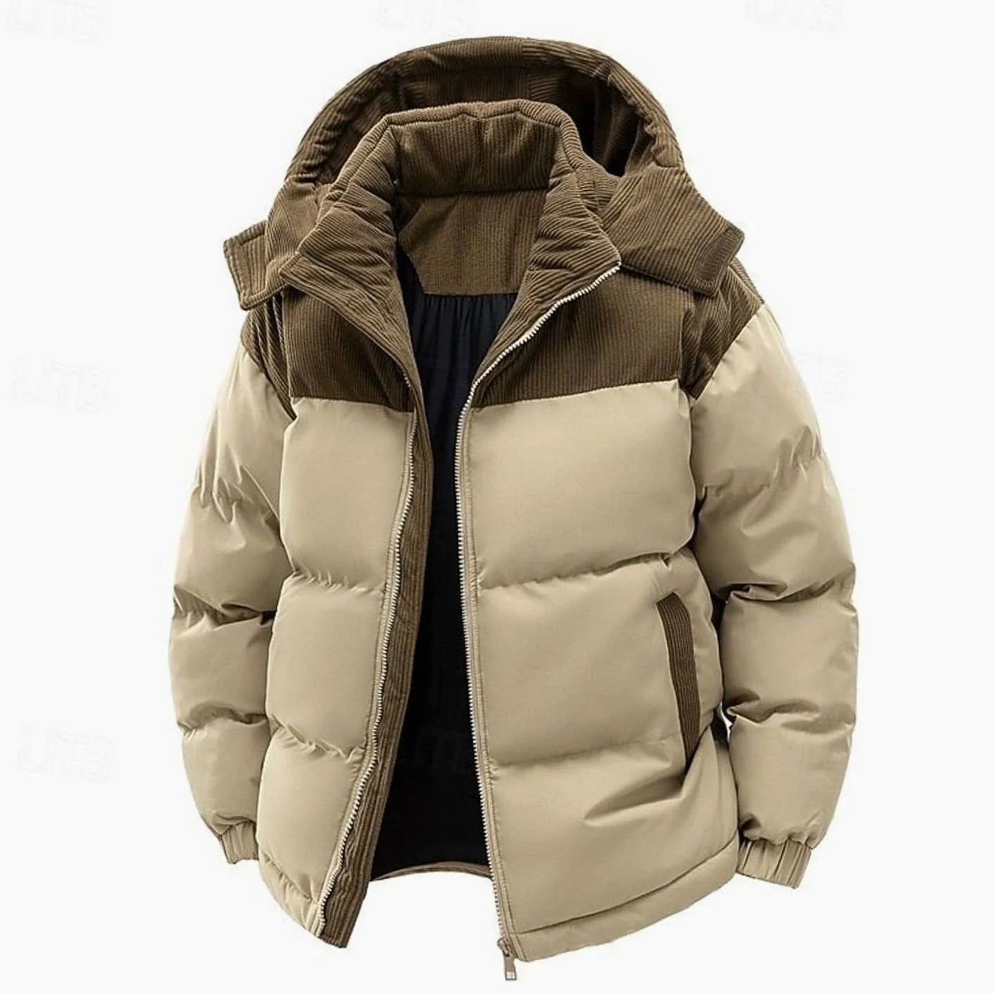 Men's Two-Tone Corduroy Trim Quilted Puffer Jacket