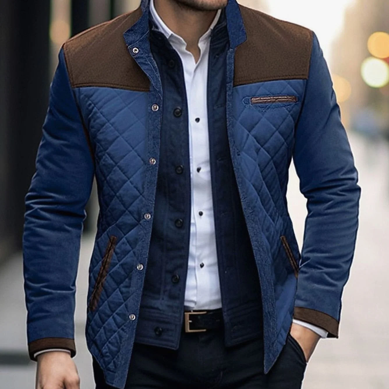 Men's Quilted Color Block Snap-Front Jacket