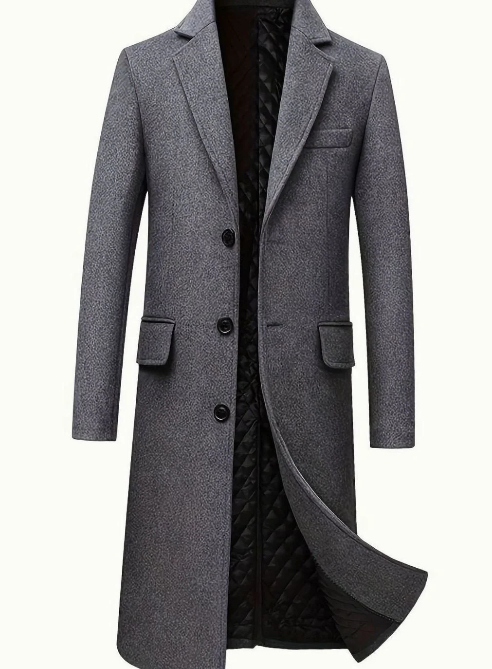 Men's Quilted-Lined Tailored Wool Long Overcoat