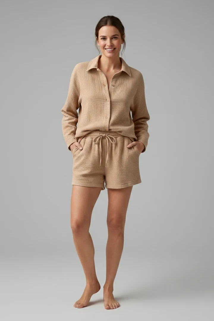Women's Two Piece Set with Button-Up Shirt & Drawstring Shorts