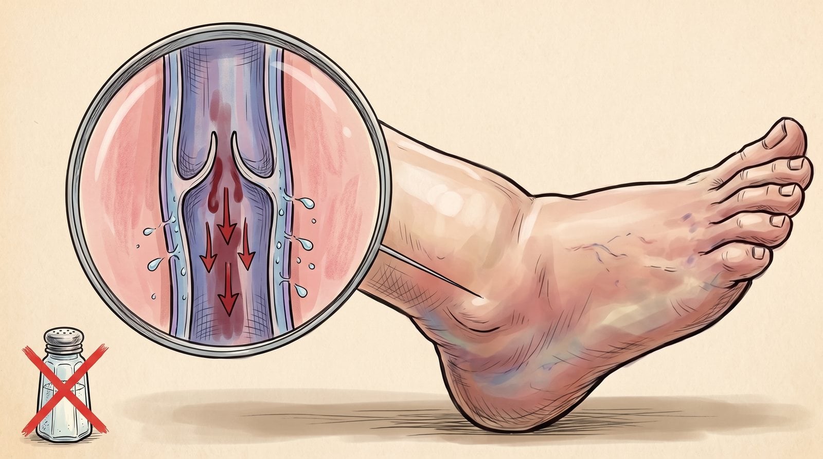 Swollen ankle with a close-up of a leaking vein valve