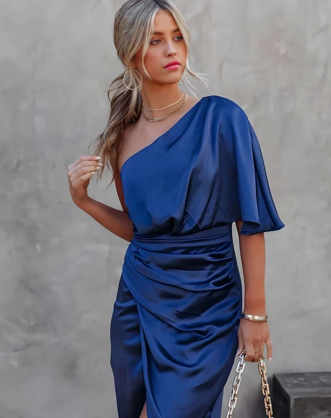 Women's One-Shoulder Satin Wrap Midi Dress