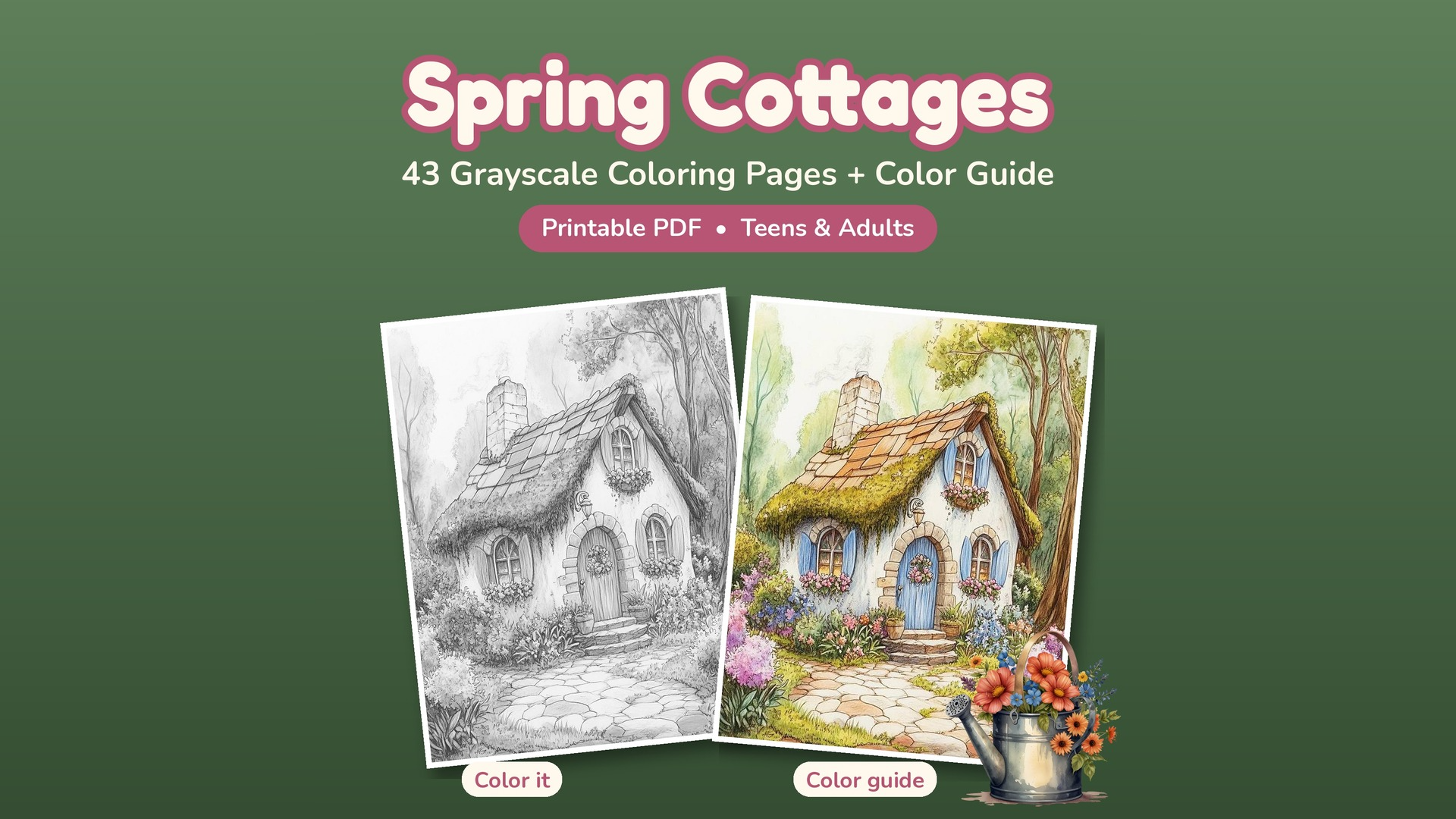 Spring Cottages Grayscale Coloring Book + Color Guide