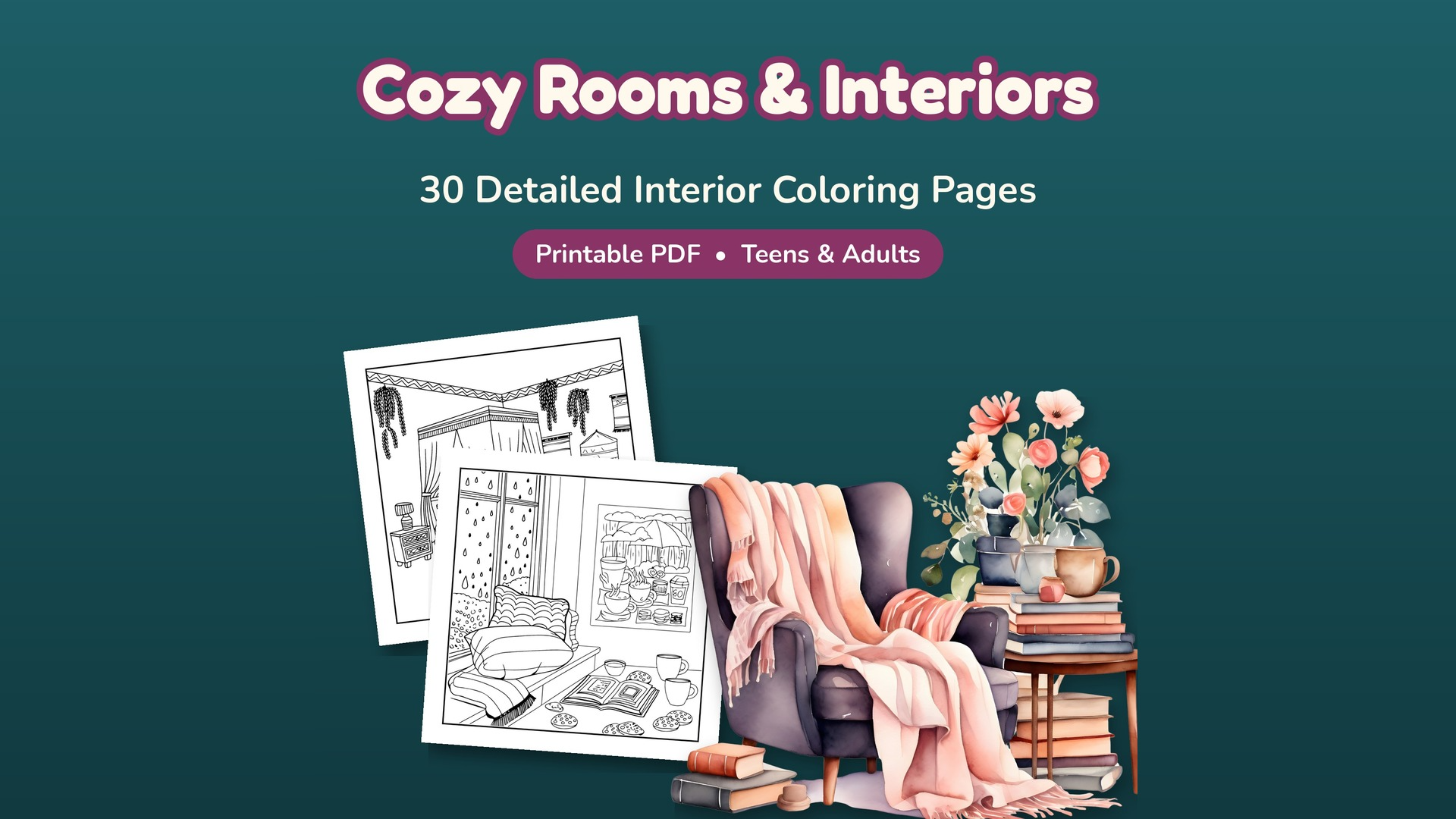 Cozy Rooms & Interiors Coloring Book