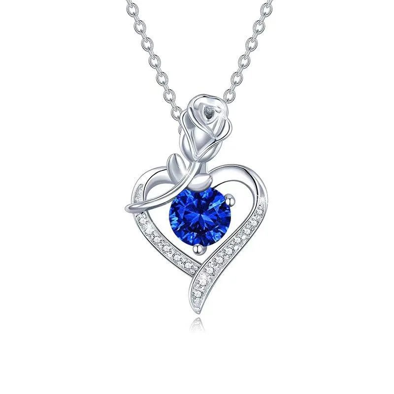 Sapphire Rose Heart Necklace | White Gold