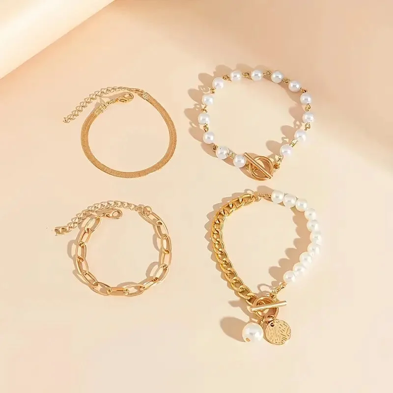 Chic Gold 4-Piece Bracelet Set - Snake, Pearls & Links | Gold