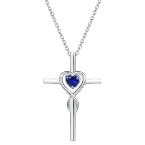 Sapphire Heart Stone Cross Necklace | White Gold