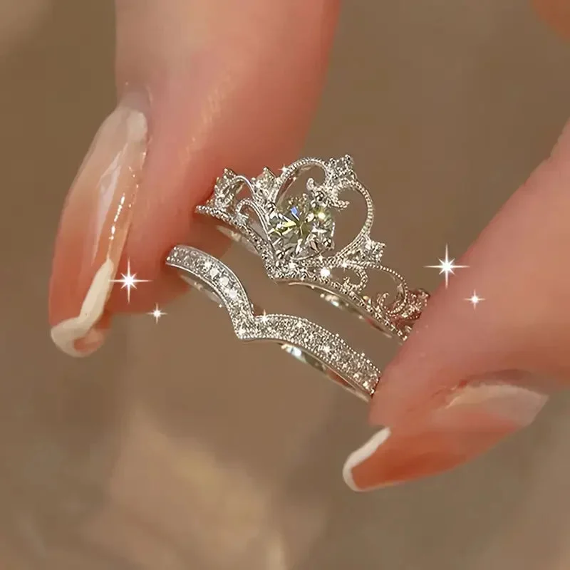 Shiny Crown Silver Ring Set | White Gold