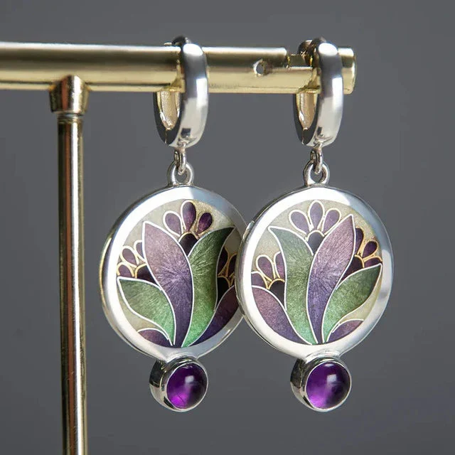 Vintage Boho Earrings with Purple Crystals | White Gold