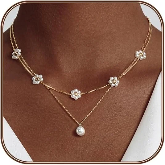 Floral Pearl Layered Necklace | Gold