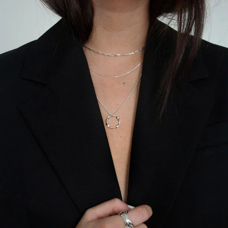 Open Circle Three Row Necklace | White Gold