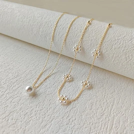 Floral Pearl Layered Necklace | Gold