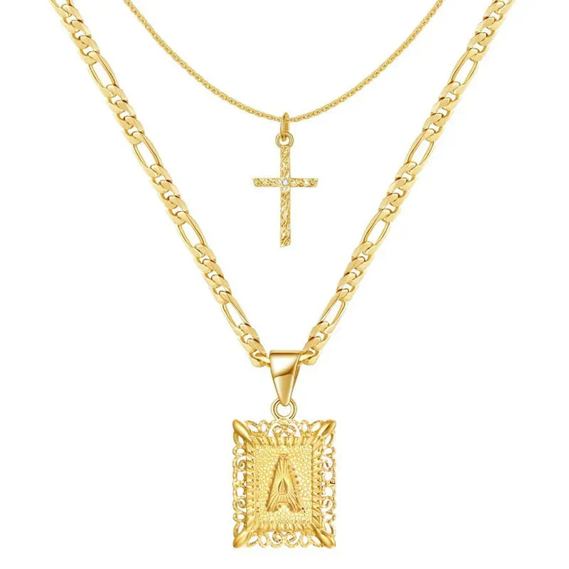 Cross Initial Necklace Set | Gold