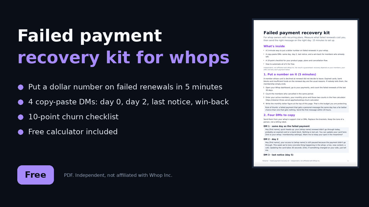 Failed payment recovery kit for whops (free PDF + calculator)