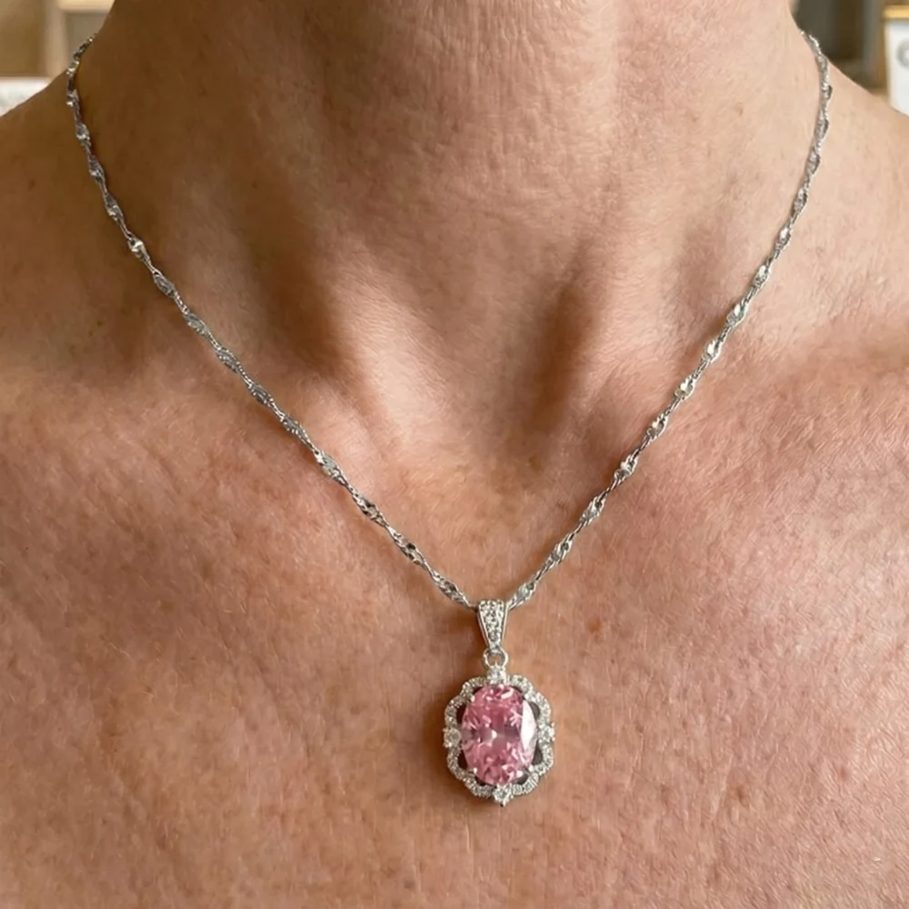 Rose Oval Crown Halo Necklace | White Gold