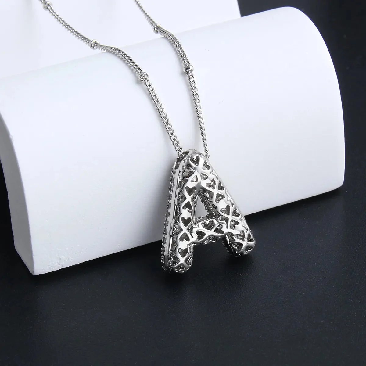 Bubble letter initial necklace set | White Gold