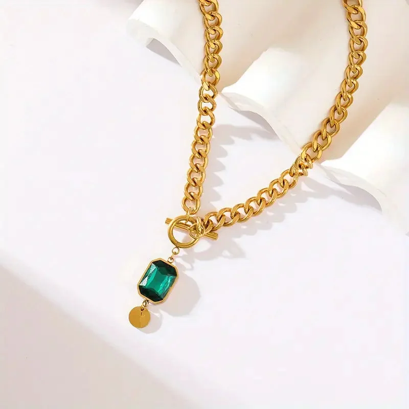Chunky Chain Emerald Pendant Necklace | Gold