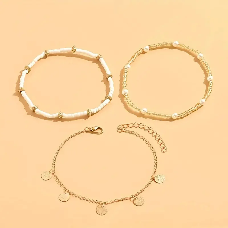 Coastal Charm 3-Piece Layered Anklet Set | Gold