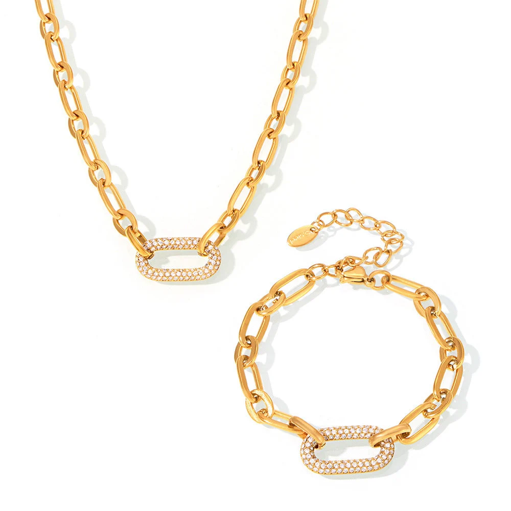 Paved Chunky Chain Link Jewelry Set | Gold