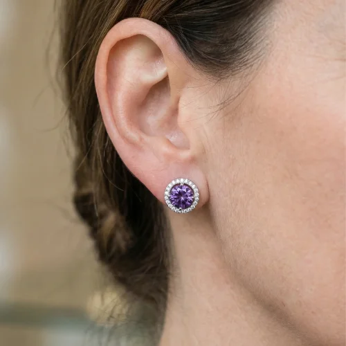Amethyst Round Pave Studs | White Gold