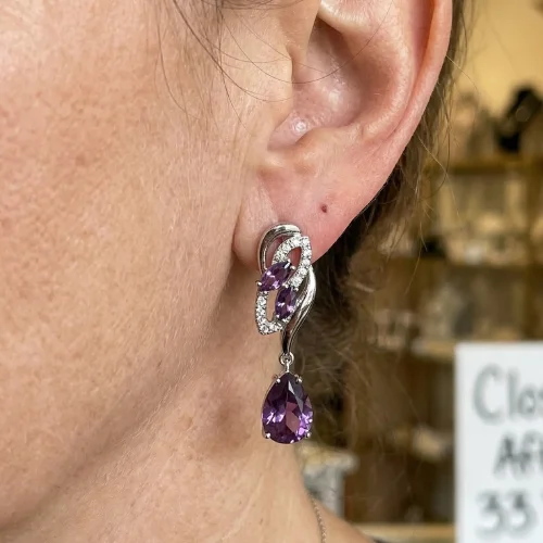 Amethyst Glimmer Drop Earrings | White Gold
