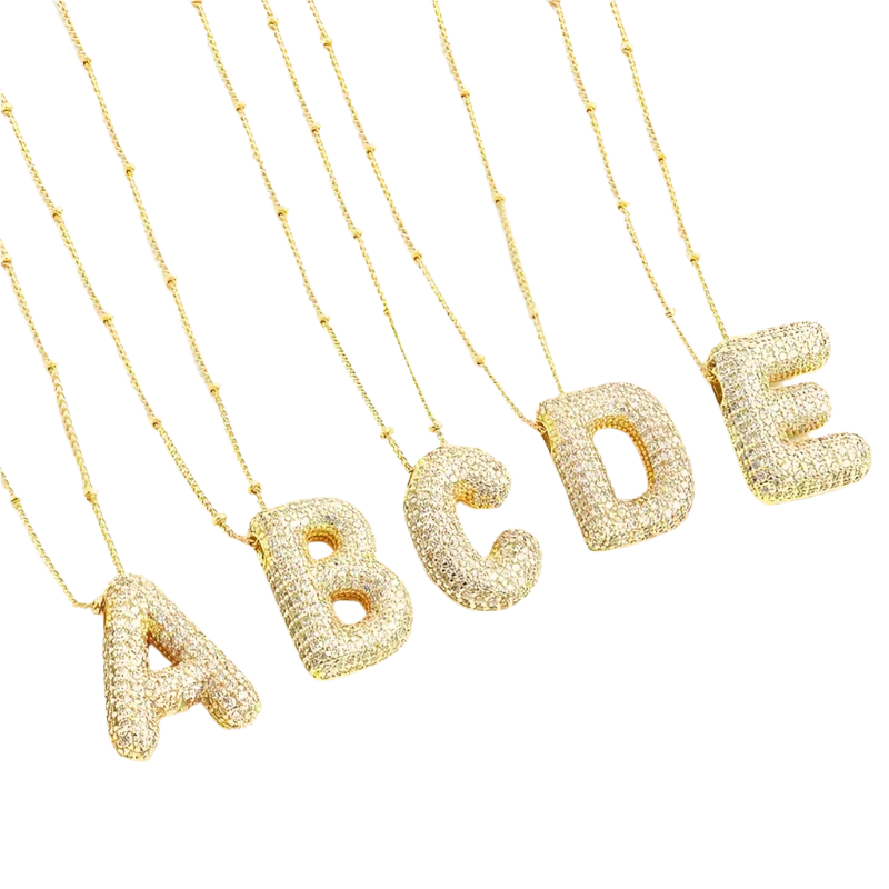 Bubble letter initial necklace set | White Gold