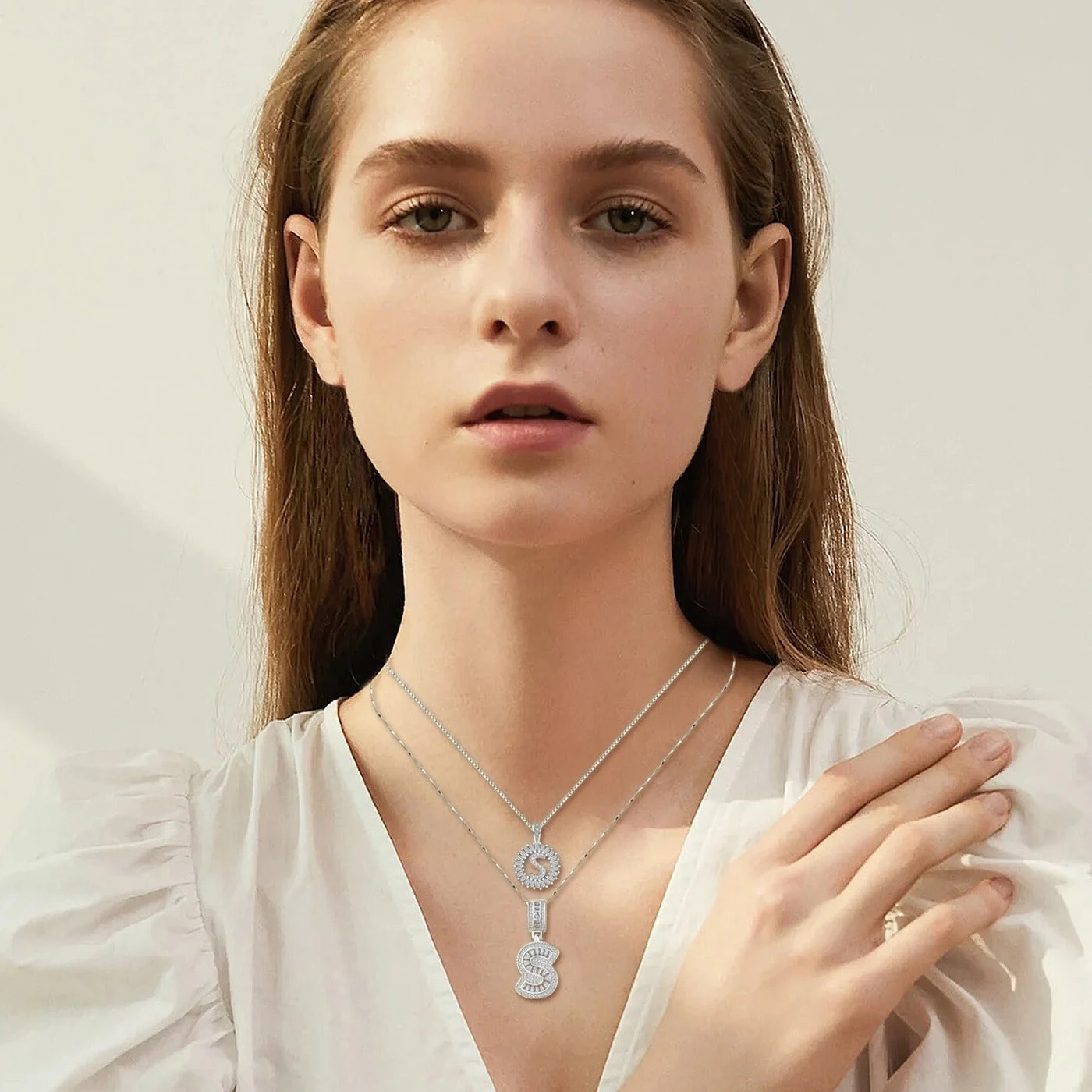 Pave letter initial necklace set | White Gold