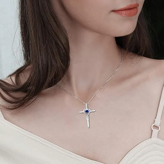 Sapphire Heart Stone Cross Necklace | White Gold