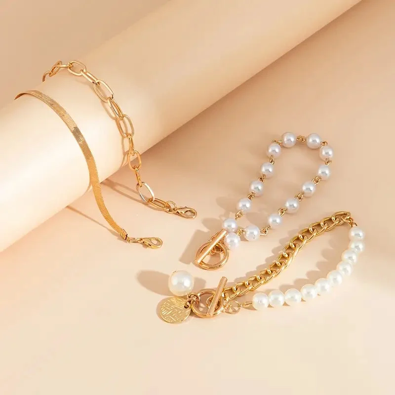 Chic Gold 4-Piece Bracelet Set - Snake, Pearls & Links | Gold