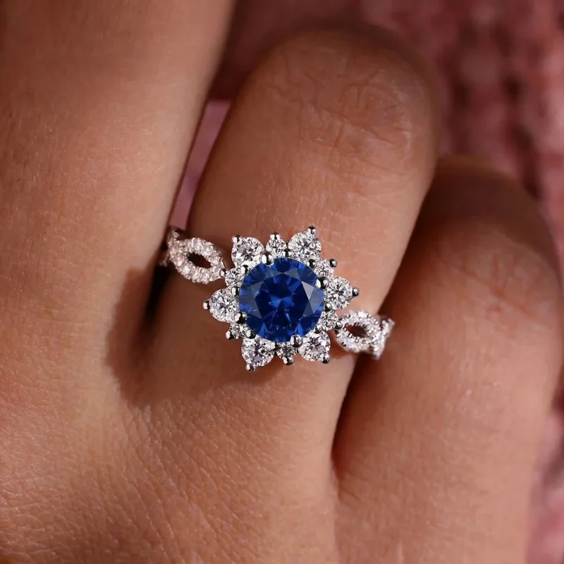 Crystal Sapphire Flower Ring | White Gold