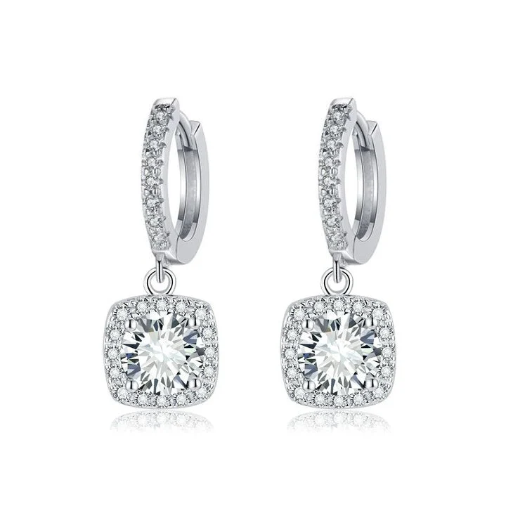 Square Halo Drop Earrings | White Gold