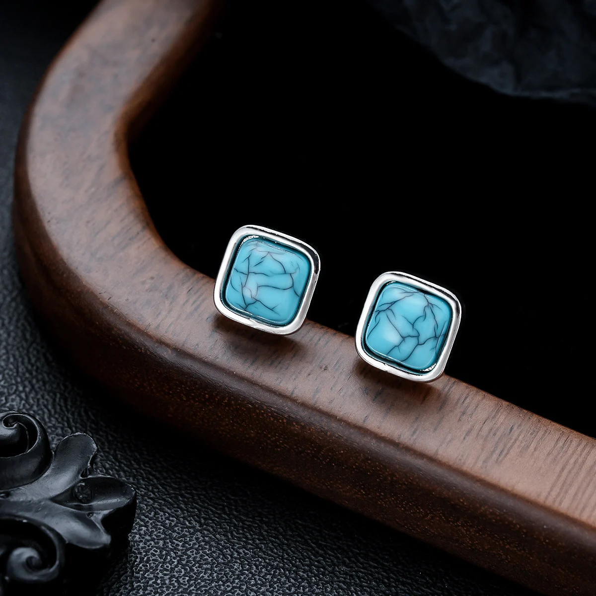 Turquoise Square Studs | White Gold